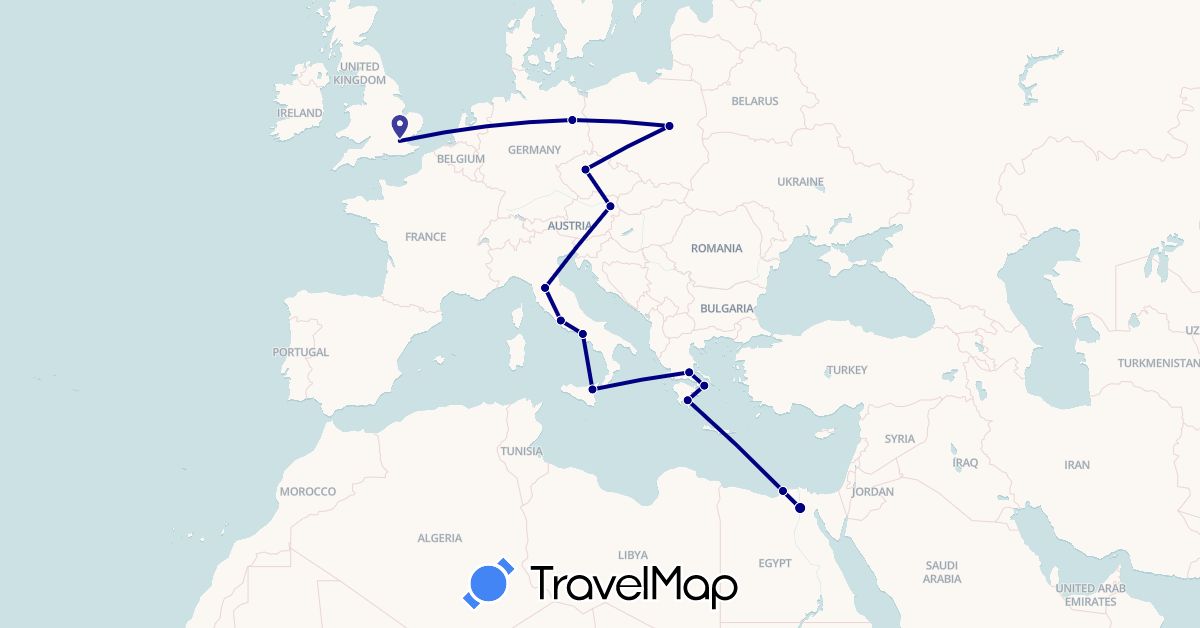 TravelMap itinerary: driving in Austria, Czech Republic, Germany, Egypt, United Kingdom, Greece, Italy, Poland (Africa, Europe)